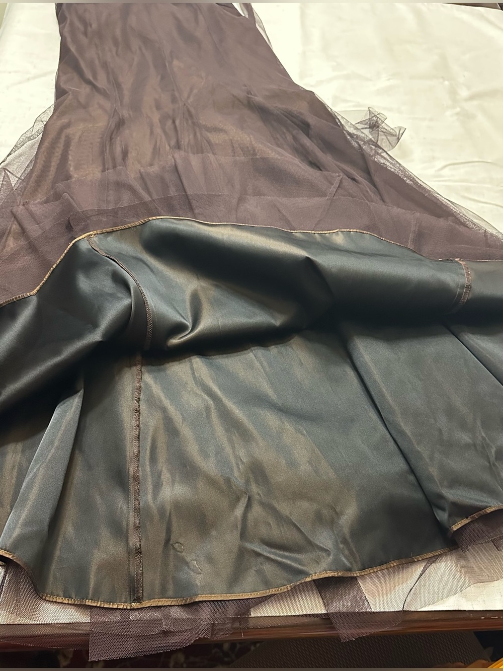 ⚫️🐞Vera Wang Chocolate Brown V-Neck Tulle Maxi Dress - Picture 5 of 16